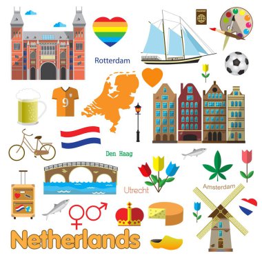 Hollanda sembolikleri ve Hollanda seyahat ikonları izole edildi. Amsterdam mimari binasının vektör çizimi, ünlü turistler tarihi yerler, harita, geleneksel gıda ve ulusal bayrak