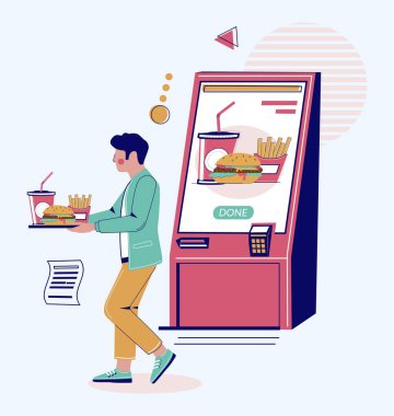 Yemek ve içecek servisi illüstrasyonunu kullanan bir adam. Dijital fast food kafe, etkileşimli cihaz ekran modern teknoloji