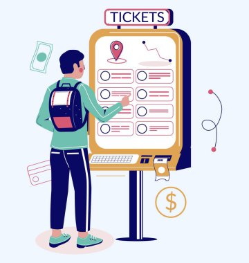 Kendi kendine sipariş edilen servis vektör çizimi. Çizgi film karakteri, bilgi kiosk etkileşimli pos terminal ATM 'si kullanarak bilet alıyor