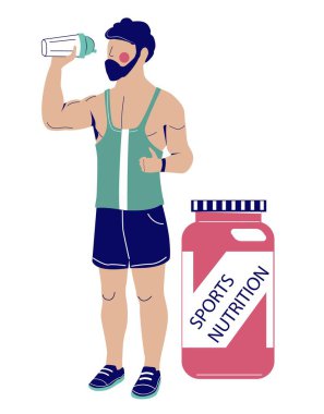 Beyaz arka planda izole edilmiş, protein kokteyli içen kaslı bir sporcu. Güçlü vücut geliştirme ve sağlık hizmetleri için vitamin kompleksi