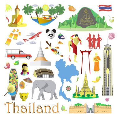 Tayland simgeleri ve seyahat sembolleri izole edildi. Ünlü turistik etkinlikler, ulusal gıda ve içecekler, spor ve eğlenceler, geleneksel bayrak, ulaşım ve binalar vektör ilüstrasyonu