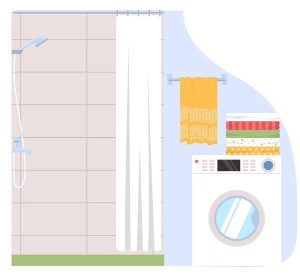 现代化的家庭浴室内部设计 配有淋浴器和洗衣机 干净的衣服和毛巾挂在钩状物图上 — 图库矢量图片
