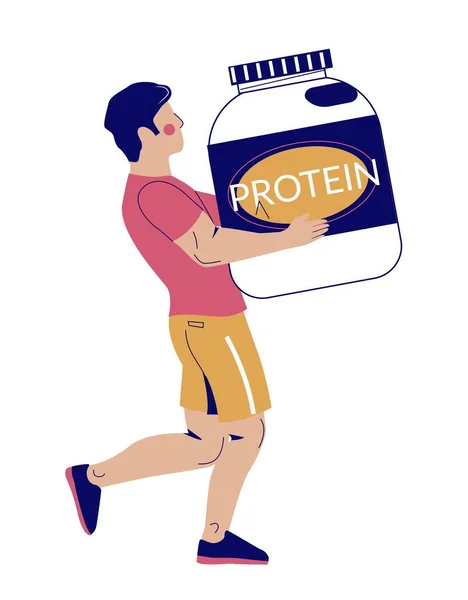 白い背景に隔離された巨大なタンパク質粉の瓶のパックの平らな漫画のベクトル イラストを運ぶ運動筋肉スポーツマン特性 スポーツ栄養とフィットネスの人々のためのサプリメント — ストックベクタ