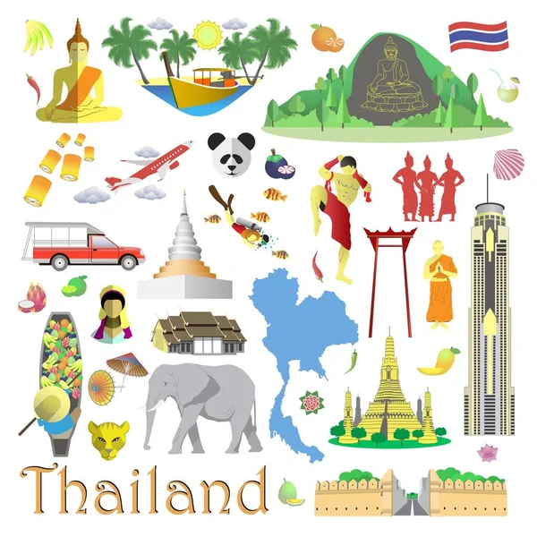 Tailândia Ícones Símbolos Viagem Conjunto Isolado Atrações Turísticas Famosas Comida — Vetor de Stock