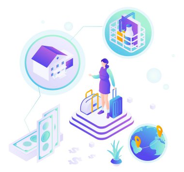 Yeni bir hayat için yurtdışına seyahat eden bir kadınla göçmenlik sahnesi. Para kazanmak için kadın karakter arama yeri, ev, iş mesleğinin vektör illüstrasyonu