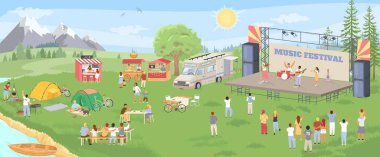 Müzik festivali açık hava partisinde park sahnesinde. Açık hava kültürel eğlencenin temsilcisi olarak halka açık bir yerde müzik grubunun canlı performansı ve ziyaretçileri ile birlikte.