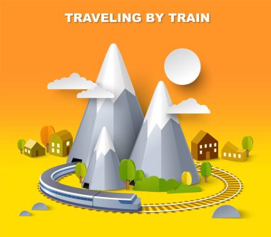 Tren izometrik vektör posteri ve dağ vektör çizimi ile rahat seyahat. Turist gezisi, demiryolu iş gezisi, dağ sırtı boyunca demiryolu macerası.