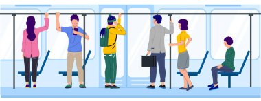 Çeşitli insanlar, şehir ulaşımının düz vektör çizimine göre oturuyor ve ayakta duruyorlar. Trenin içindeki ya da metro içindeki yolculardan oluşan kalabalık.