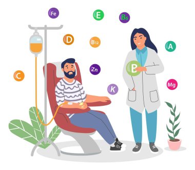 Doktor, erkek hastaya sağlık ve sağlık vektör çizimi için damar içi vitamin veriyor. İnsan doğal besin ve mineralleri damlatan karikatür sahnesiyle alıyor.