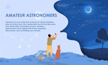 Amatör astronomlar, teleskop vektör illüstrasyonuna bakarak gece yıldızlı gökyüzünü araştıran bir adamla reklam afişi hazırlıyorlar.