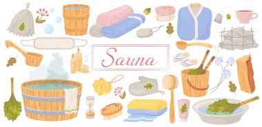 Sauna hijyen aksesuarları, banyo aletleri ve ekipman takımı. Kovanın, banyo süpürgesinin, ahşap bankın, bornozun, havlunun, yakacak odunun temsilcisi. SPA merkezi ya da hamam reklamı