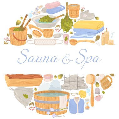Sauna ve spa reklam poster illüstrasyonunda farklı araç ve gereçler var. Sıcak su, kepçe ya da kaşık, katlanmış havlu, meşe süpürgesi ve fırça dolu ahşap küvet.
