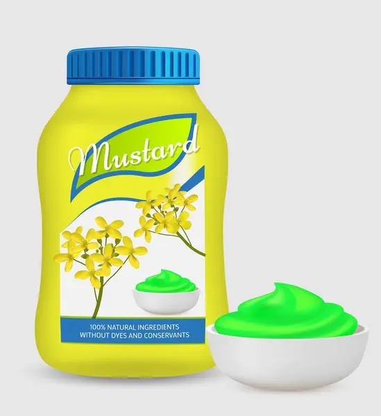 Mustard Sauce Plastic Package Ceramic Bowl Plate Vector Illustration Natural — Stock Vector