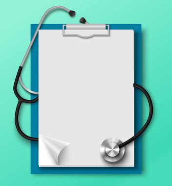 Boş kağıt ve steteskop doktoru aletli gerçekçi vektör illüstrasyonlu tıbbi pano. Hasta bilgi kartı ve tedavi reçetesi çerçevesi. Tıp ve sağlık hizmetleri kavramı