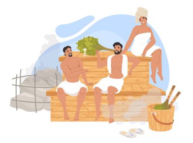Buharlı oda vektör illüstrasyonundaki mutlu kadın ve erkek karakterler. Erkek ve kadın spa merkezinin, sıcak saunanın ya da hamam terapisinin keyfini çıkarıyorlar.