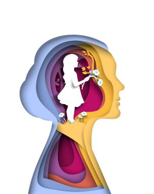 Little girl inside head of woman papercut vector illustration. Psychology, inner child, human individuality and memory of childhood healing concept clipart