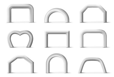 Şişirilebilir kemer, helyum tüpü giriş kapıları, farklı şekillerde balon kemer şeklinde boş boş model 3d vektör çizimi. Sergi veya spor yarışması için geometrik çerçeve