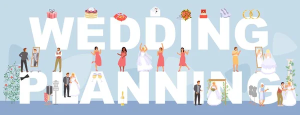 Wedding Planning Poster Vettoriale Illustrazione Con Scritte Enormi Minuscole Persone — Vettoriale Stock