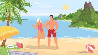 Genç mutlu çizgi film karakterleri yaz tatilinde tropikal plajda egzotik tatil yeri illüstrasyonunda dinleniyorlar.