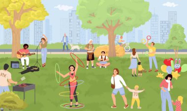 Sokak sanatçılarıyla dolu park, dinlenen insanlar ve yürüyen vektör çizimleri. Müzisyen orkestra, dansçı, hokkabaz ziyaretçiler için sanatsal gösteri yapıyor.