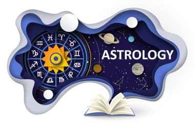 Astroloji bilim afişi açık kitap ve Zodiac işaretleri ve takımyıldızlı açık uzay gökyüzü üzerinde kağıt kesikli sanat tarzıyla. Yıldız falı öngörü vektör çizimi