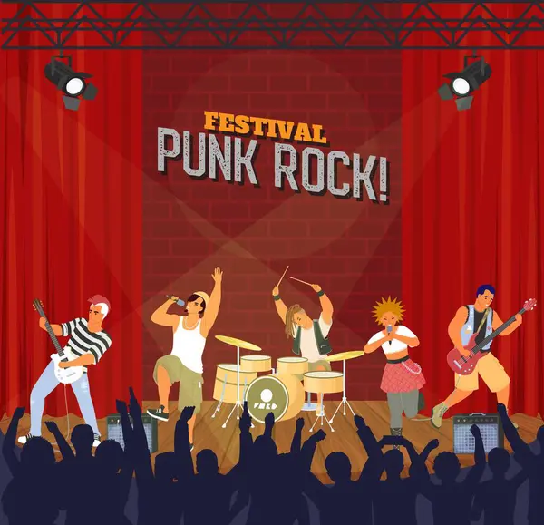 Punk rock festivali vektör illüstrasyonunda müzik grubu sahne alıyor. Müzisyen rock 'n' roll sanatçısı çılgın insanların önünde şarkı söylüyor.