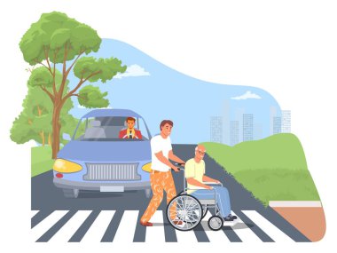 Tekerlekli sandalyedeki adamın yaya vektör çiziminden geçmesine yardım eden sosyal hizmet görevlisi. Genç adam gönüllü ve yaşlanmış, özel ihtiyaçları olan biri.