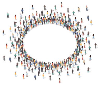 Yüksek açılı vektör illüstrasyonundan oval çerçeve görüntüsü oluşturan geniş bir grup insan. Erkek ve kadın kalabalığı geometrik şekillerde toplanıyor.