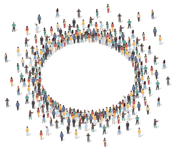 Yüksek açılı vektör illüstrasyonundan oval çerçeve görüntüsü oluşturan geniş bir grup insan. Erkek ve kadın kalabalığı geometrik şekillerde toplanıyor.