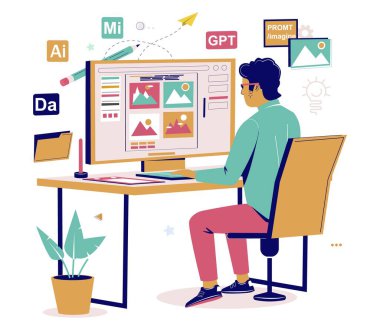 Grafik tasarımcısı, yapay zeka teknolojisini iş vektör illüstrasyonunda kullanıyor. Masaüstü bilgisayarında oturan genç adam yapay zekanın yardımıyla sanat görüntüsü yaratıyor.