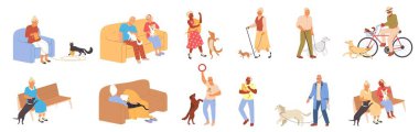 Yaşlı insanlar evcil hayvanlarıyla birlikte vakit geçirmekten hoşlanıyorlar. Yaşlı bekar erkek ve kadın, yaşlı çift yürüyor, oynuyor, sarılıyor ve kedi ve köpeklerle bisiklete biniyor.