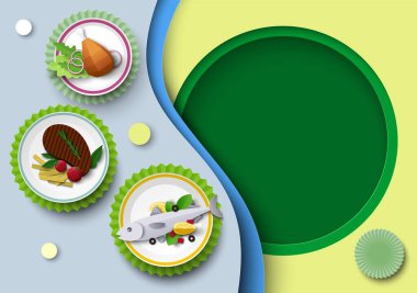 Kağıt kesimi yemek arka planında origami tarzında lezzetli restoran yemeği vektör çizimi sunuluyor. Boş reklam alanı olan menü için poster pankartı şablonu