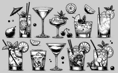 Siyah-beyaz bardaklarda saman ve meyve dilimleriyle alkollü kokteyller. Plaj barı, şık restoran menüsü kabartma vektör illüstrasyonu
