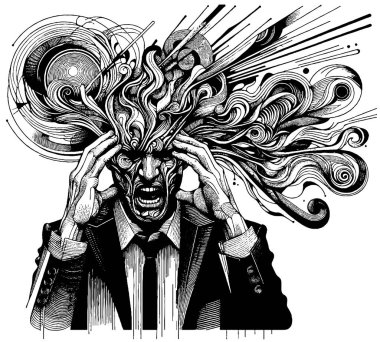 Duygusal sorunları olan bir adam iş sorunları, kariyer ya da kimlik bunalımı yaşıyor. Kafası patlayan bir iş adamı büyük baskı ve stres vektörü illüstrasyonu altında kendini bitkin hissediyor.