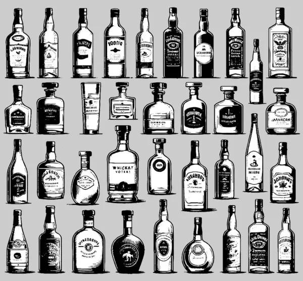 Farklı şekillerde alkol şişeleri ve izole edilmiş formlar. Şarap, bira, votka, brendi ve bar, bar ve restoran üreten yapay zeka çizimleri için diğer içecekler.