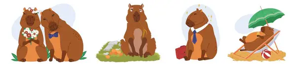 Симпатичные Персонажи Capybara Повседневной Деятельности Прекрасные Наклейки Крутые Отпечатки Набор Векторная Графика