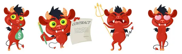Αστείοι Κόκκινοι Διάβολοι Χαρακτήρες Κινουμένων Σχεδίων Απομονωμένοι Αξιολάτρευτος Δαίμονας Κουβαλάει Royalty Free Εικονογραφήσεις Αρχείου