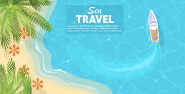 Tropik tatil beldesi reklam şablonunda yat teknesiyle deniz yolculuğu. Tatil seyahati ve yaz tatili vektör çizimi