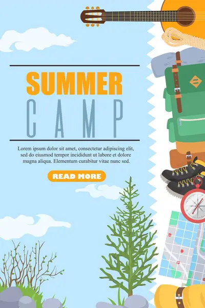 Banner Web Acampamento Verão Decorado Com Diferentes Acessórios Viagem Sobre Ilustração De Stock