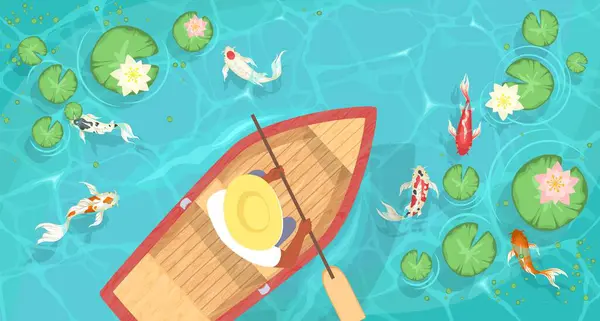 中国男子牵着桨在河里游泳 带着鱼尾草和水百合花的高角度图像卡通人物 免版税图库插图