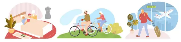 老年人在周末享受着不同的活动场景 老年人骑自行车旅行 成熟男人坐飞机旅行 老妇人躺在床上看书 矢量图形