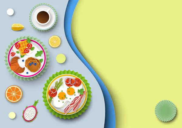 Здоровый Полный Меню Завтрака Большим Количеством Еды Напитков Бумаги Вырезать Стоковая Иллюстрация