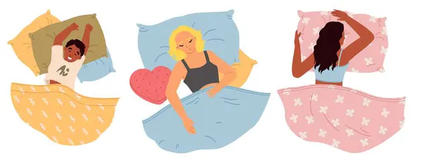 让睡在枕头上的人平静下来 年轻女子 少女和小男孩卡通人物躺在床上享受着甜蜜的梦境 免版税图库矢量图片