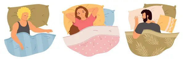 熟睡的男男女女在隔离的床上休息 独自躺在枕头上做梦的男女卡通人物 图库矢量图片