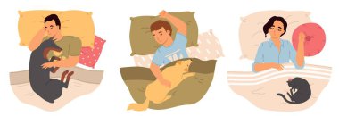 İnsanlar yastık ve battaniye taşıyıcı illüstrasyonla kedi ve köpeklerle yatıyorlar. Pijamalı uyuyan adam ve kadın sevgi dolu evcil hayvanlarla dinleniyor.