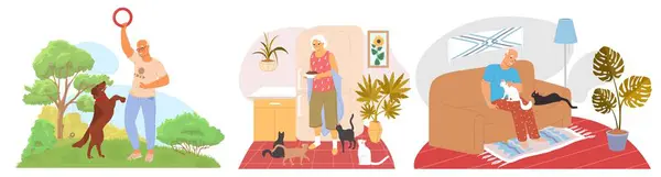 Пожилые Люди Мультяшные Персонажи Векторной Иллюстрацией Домашних Животных Мужчина Женщина Векторная Графика