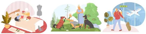 Elderly People Cartoon Characters Spending Time Pets Vector Illustration Old Лицензионные Стоковые Векторы