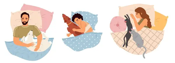 Happy Relaxed People Cartoon Characters Cuddling Resting Pets Bed Night Лицензионные Стоковые Иллюстрации