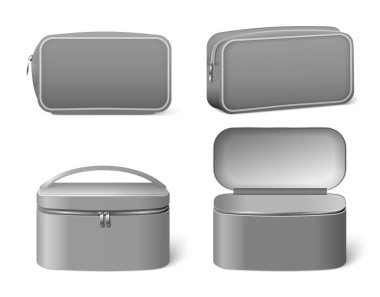 Taşınabilir kozmetik çanta, yan görünüm gerçekçi vektör çizimi seti. Makyaj çantası, saplı ve fermuarlı. Tuvalet eşyaları için seyahat çantası. Boş boş şablon.