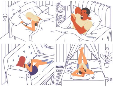 Sleepless young people characters using mobile in bed vector illustration scene set. Digital gadget and internet technology addiction, insomnia problem concept